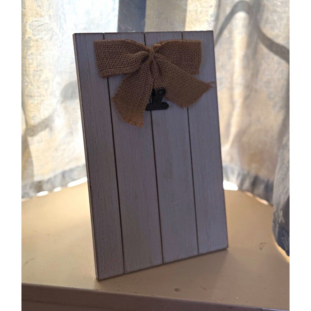 Rustic Gray/Brown Wood Photo Frame 8x11, Burlap Bow & Clip, Freestanding